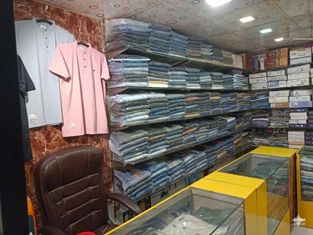 Shop floor with denim wall displays and fittings